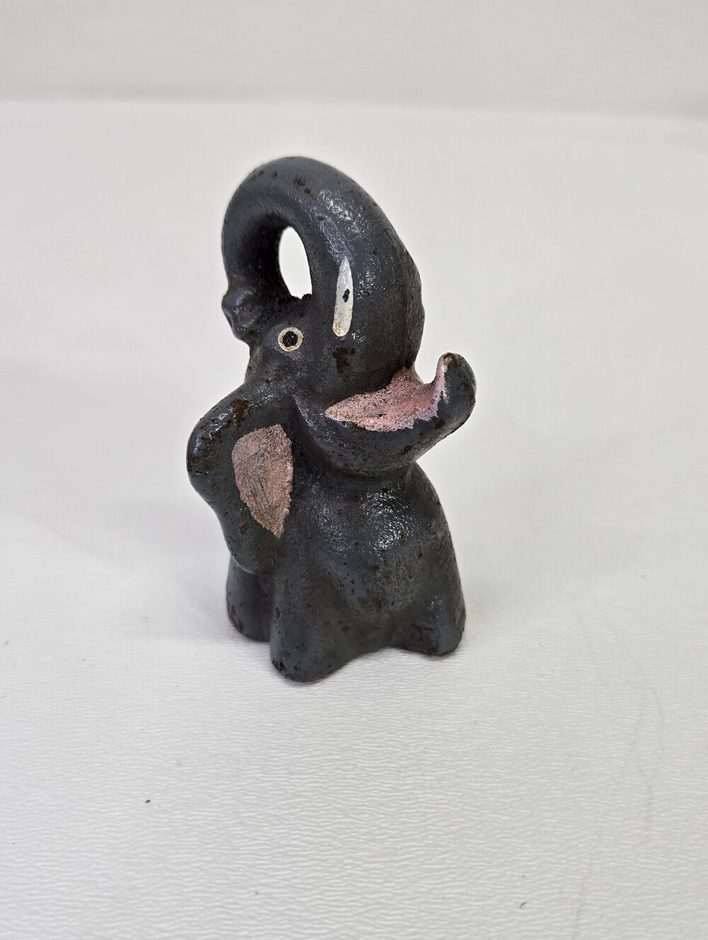 VTG Cast Iron Elephant Bottle Openerβ Figural Paperweight Trunk Up Pink Mouth #1